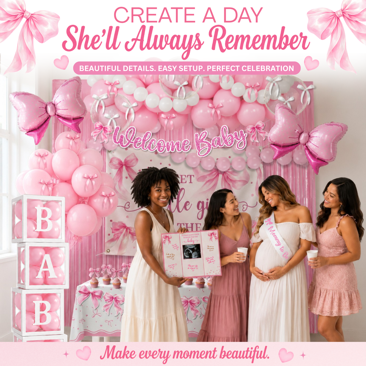 Pink Bow Baby Shower Decorations, Coquette Set for Girls