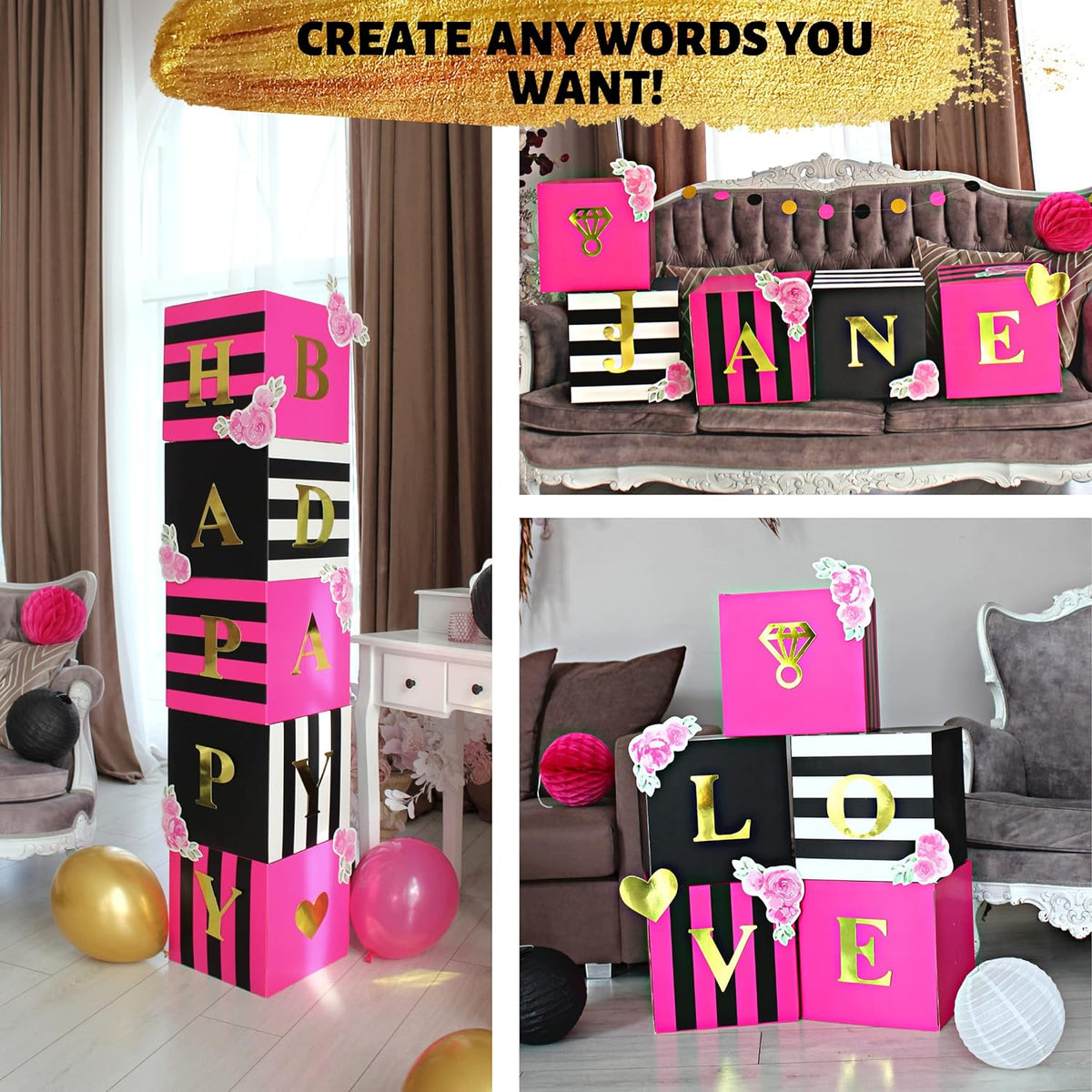 Hot Pink Balloon Boxes  Black and Pink Decorations for Birthday. – Rain  Meadow