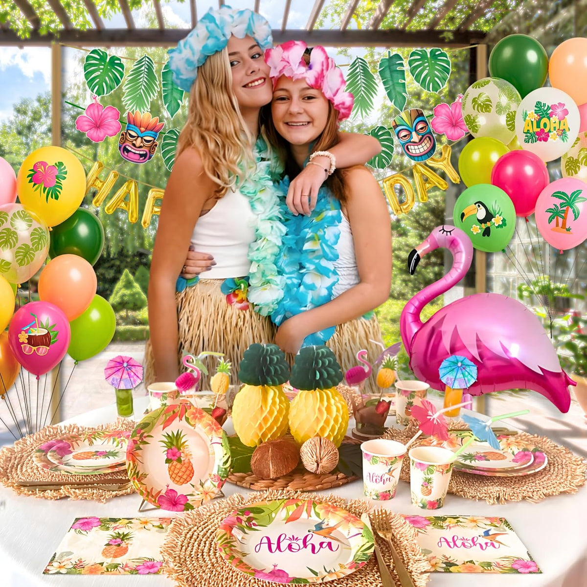 RainMeadow 209 pc Luau Birthday Party Decorations Set for 25 guests - Hawaiian Theme with Aloha Banner, Balloons, Flamingo, Tableware - Tropical Luau Party Supplies