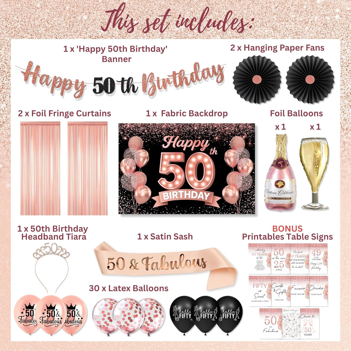 50th Birthday Decorations for Women 40 pc - Party Supplies - Black and Rose Gold Theme