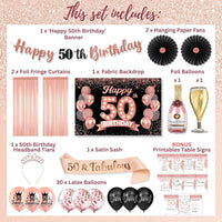 50th Birthday Decorations for Women 40 pc - Party Supplies - Black and Rose Gold Theme