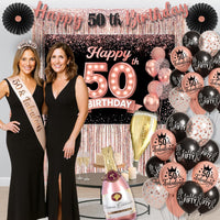 50th Birthday Decorations for Women 40 pc - Party Supplies - Black and Rose Gold Theme