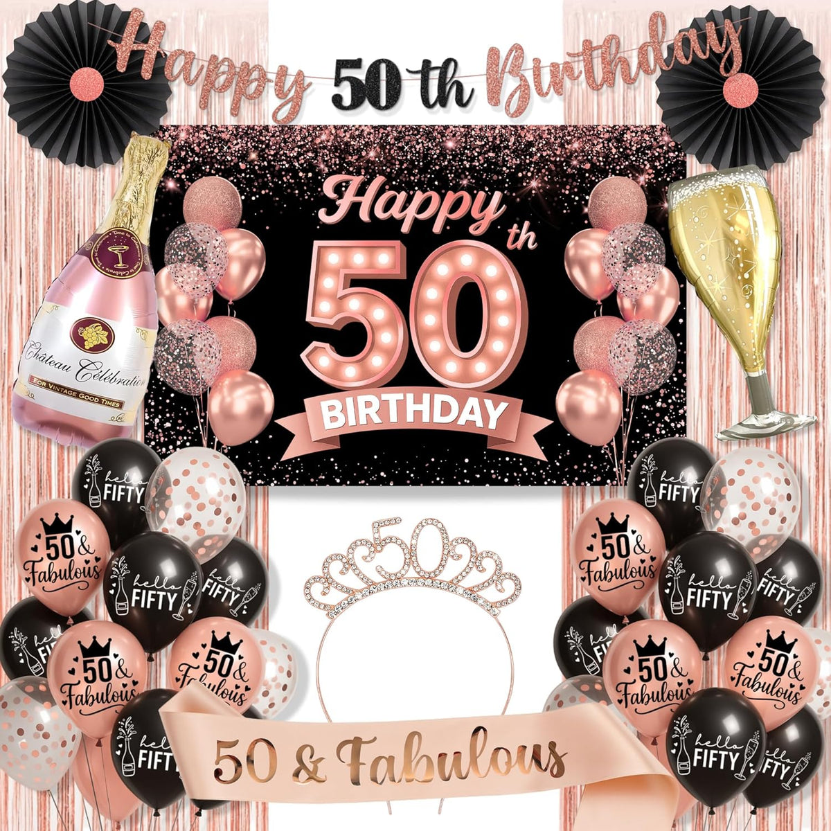 50th Birthday Decorations for Women 40 pc - Party Supplies - Black and Rose Gold Theme