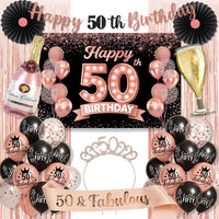 50th Birthday Decorations for Women 40 pc - Party Supplies - Black and Rose Gold Theme