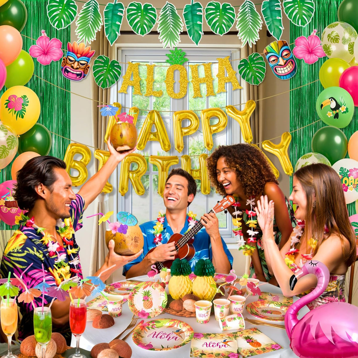 RainMeadow 209 pc Luau Birthday Party Decorations Set for 25 guests - Hawaiian Theme with Aloha Banner, Balloons, Flamingo, Tableware - Tropical Luau Party Supplies