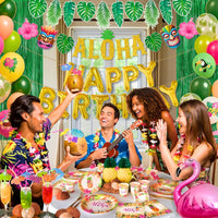 RainMeadow 209 pc Luau Birthday Party Decorations Set for 25 guests - Hawaiian Theme with Aloha Banner, Balloons, Flamingo, Tableware - Tropical Luau Party Supplies