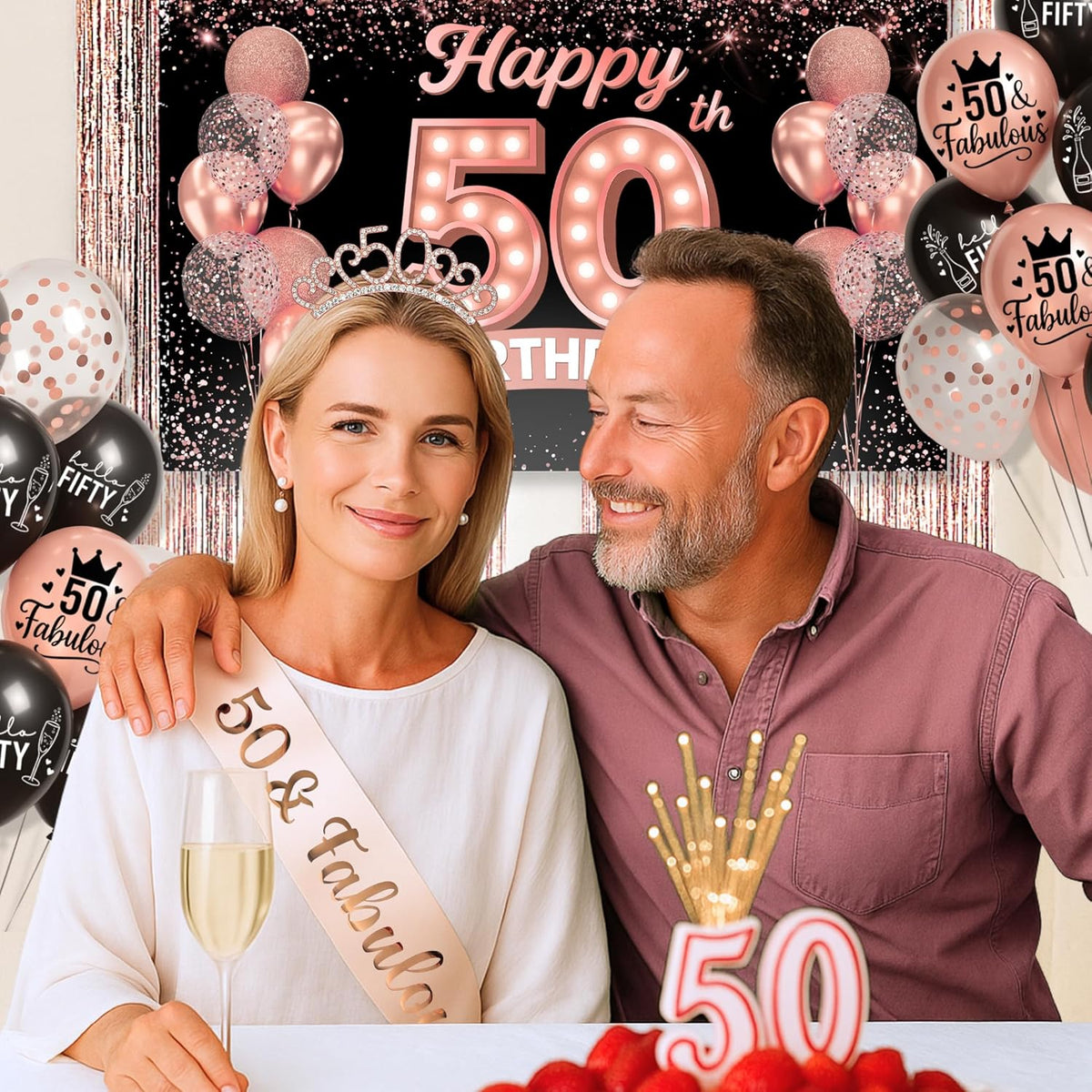 50th Birthday Decorations for Women 40 pc - Party Supplies - Black and Rose Gold Theme