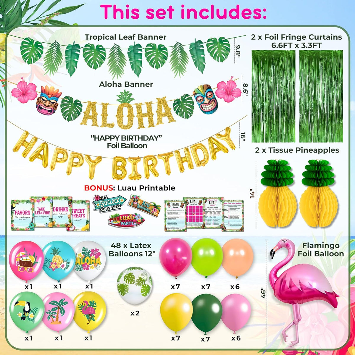 RainMeadow 209 pc Luau Birthday Party Decorations Set for 25 guests - Hawaiian Theme with Aloha Banner, Balloons, Flamingo, Tableware - Tropical Luau Party Supplies