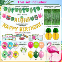 RainMeadow 209 pc Luau Birthday Party Decorations Set for 25 guests - Hawaiian Theme with Aloha Banner, Balloons, Flamingo, Tableware - Tropical Luau Party Supplies