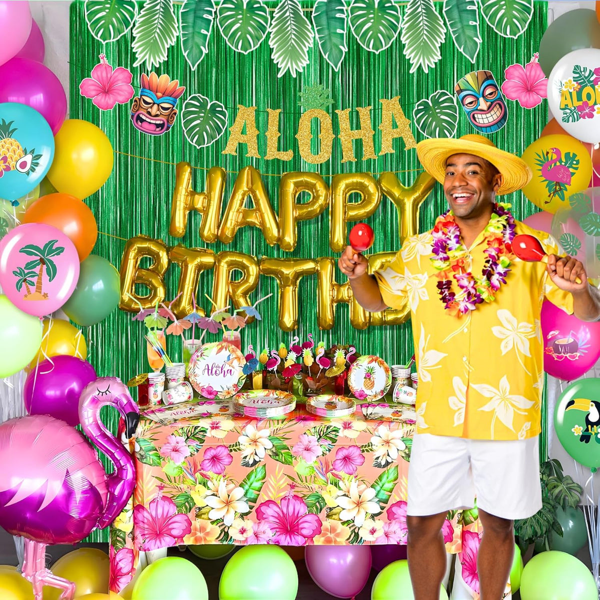 RainMeadow 209 pc Luau Birthday Party Decorations Set for 25 guests - Hawaiian Theme with Aloha Banner, Balloons, Flamingo, Tableware - Tropical Luau Party Supplies