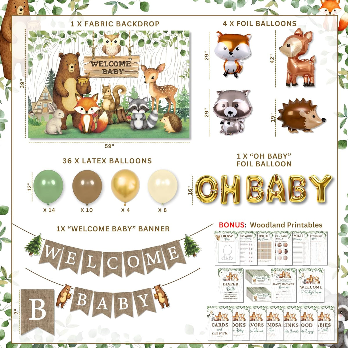 RainMeadow Woodland Animal Baby Shower Decorations - Forest Animal Theme Kit for Boy or Girl with Backdrop, Balloons, Banners, Tablecloth