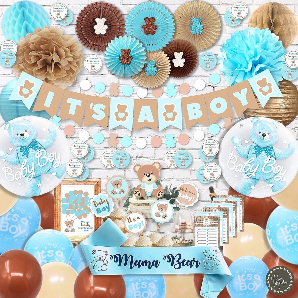 Teddy Bear Baby Shower Decorations for Boy | It's A Boy Banner, Sash, Guestbook, Favour Stickers, Game Cards, Paper Lanterns, Honeycombs, Pom-poms, Cake Toppers, Balloons.