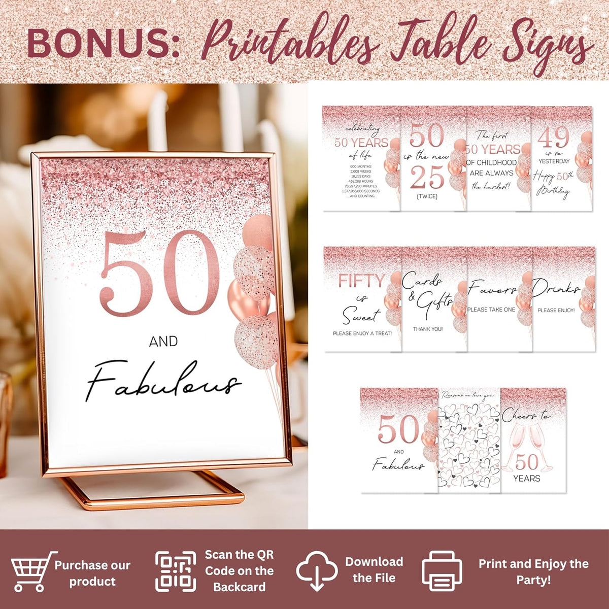 50th Birthday Decorations for Women 40 pc - Party Supplies - Black and Rose Gold Theme