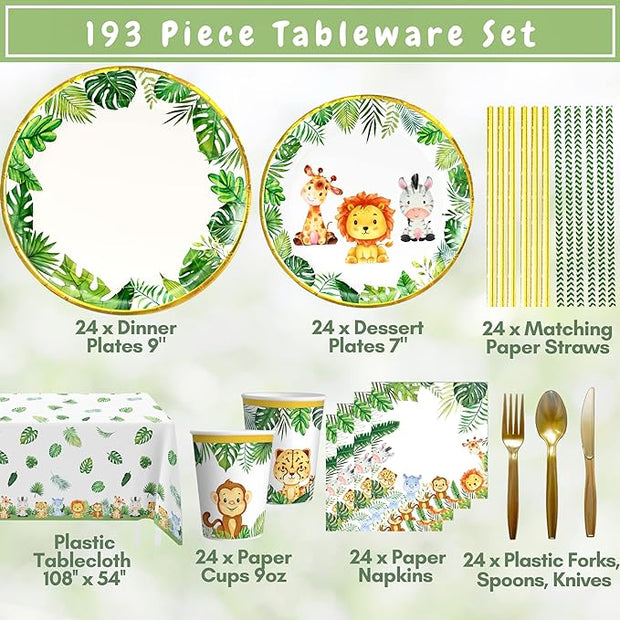 Jungle Safari Baby Shower Party Supplies | Disposable Tableware | Serves 24.
