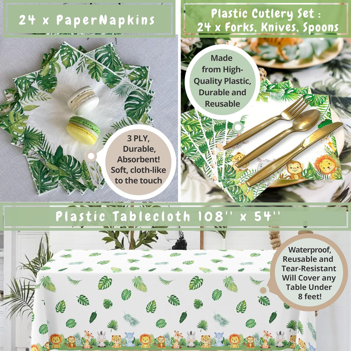 Jungle Safari Baby Shower Party Supplies | Disposable Tableware | Serves 24.