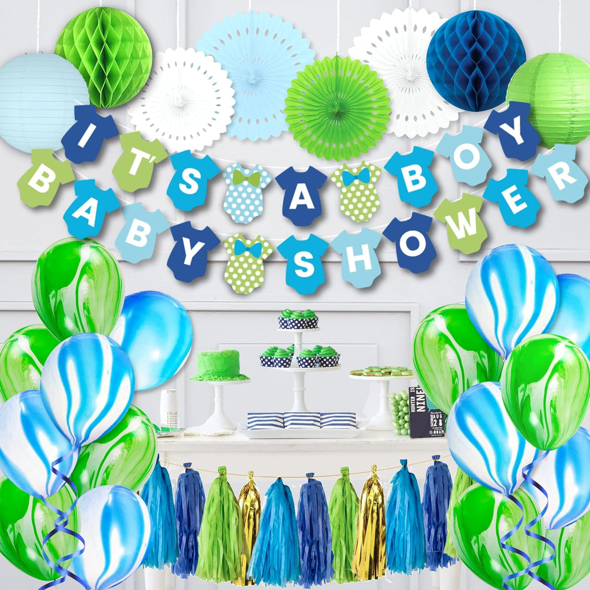 Boy Baby Shower Decorations | Blue Gold Green White.