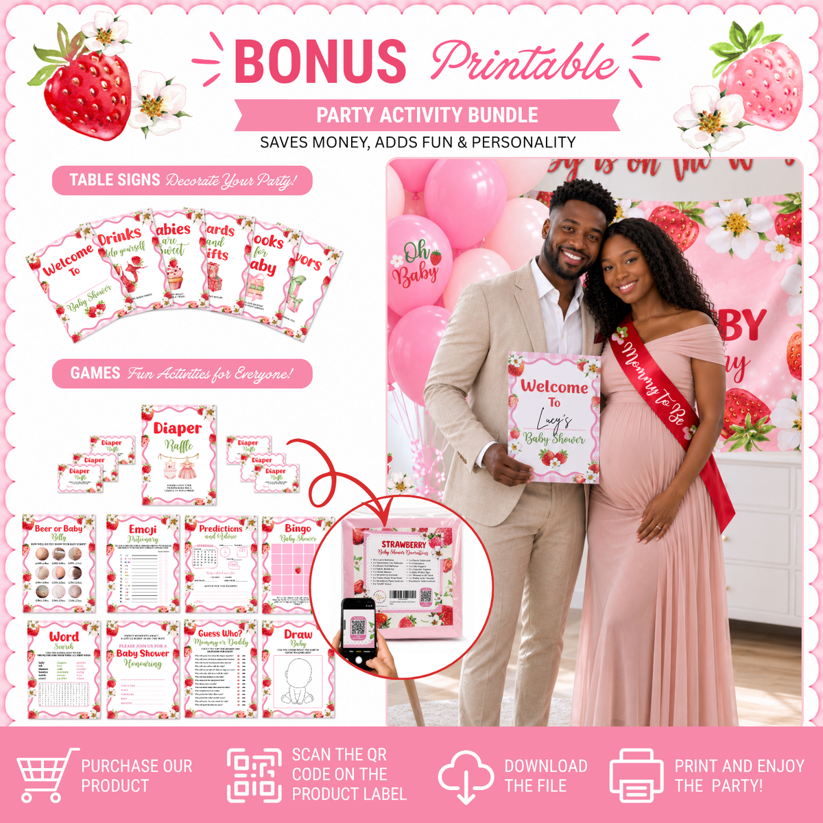 Berry Sweet Baby Shower Decorations, Strawberry Theme Set