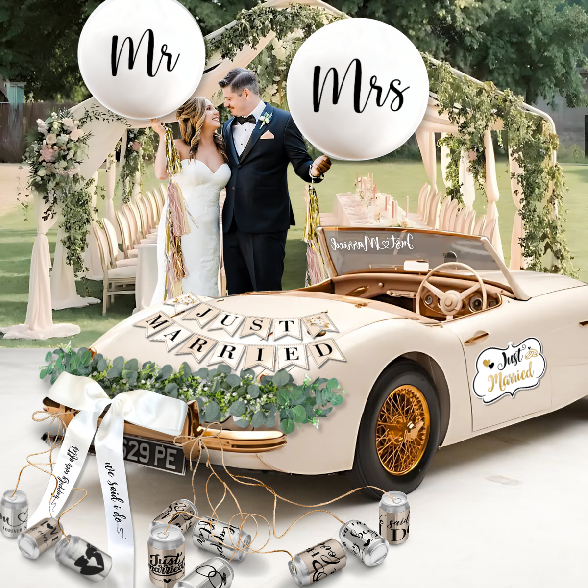 Just Married - Set di decorazioni per matrimoni, 46 pezzi, MR e MRS, per matrimoni, palloncini e ghirlanda, per feste, sposi, decorazione auto Just Married - Set di decorazioni per matrimoni, 46 pezzi, MR e MRS, per matrimoni, palloncini e ghirlanda, per feste, sposi, decorazione auto