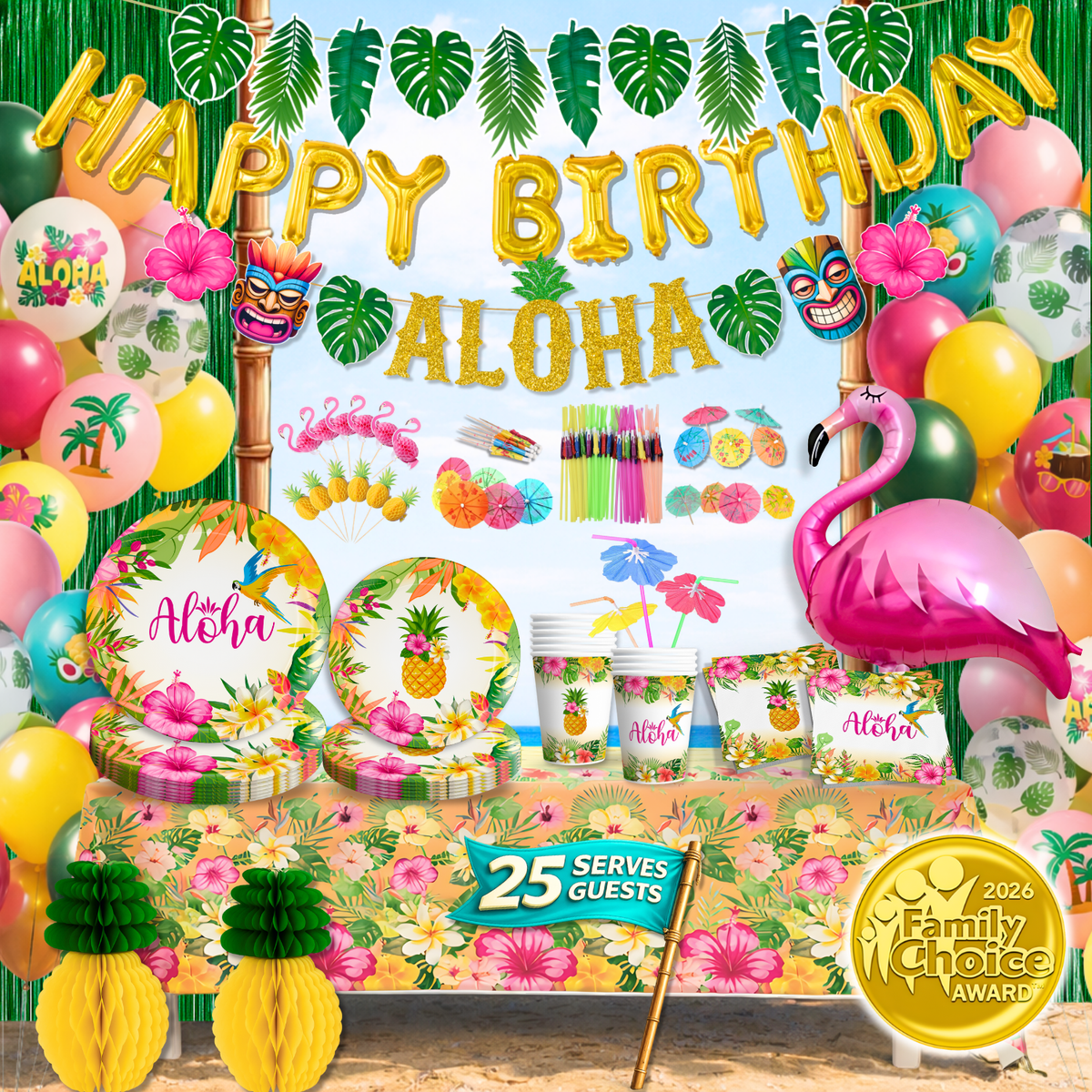 RainMeadow 209 pc Luau Birthday Party Decorations Set for 25 guests - Hawaiian Theme with Aloha Banner, Balloons, Flamingo, Tableware - Tropical Luau Party Supplies