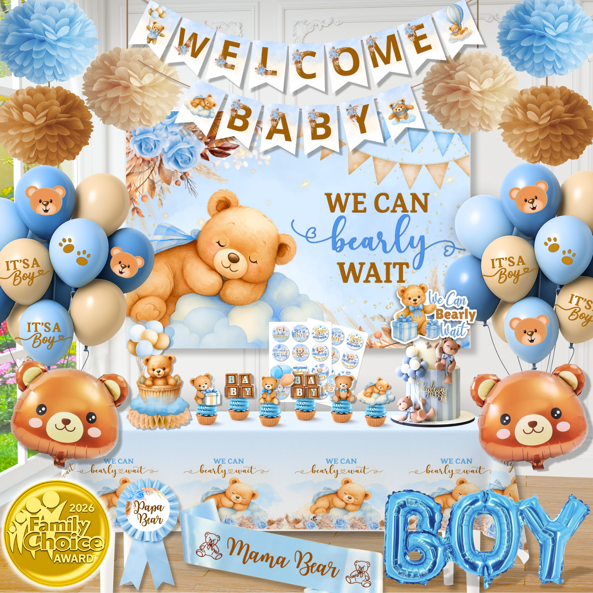 RainMeadow 95 Pc We Can Bearly Wait Baby Shower Decorations Kit for Boy - Backdrop Banner Balloons Pom Poms Cake Toppers Blue - Teddy Bear Baby Shower Decorations