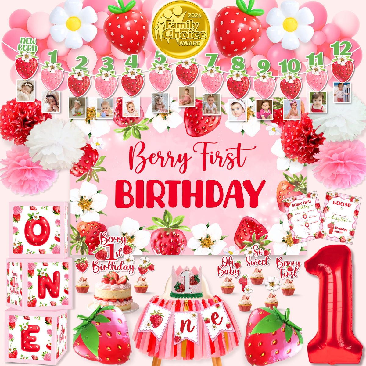 Berry First Birthday Decorations Set - Strawberry 1st Birthday Decorations Girl with Banner, Balloons, High Chair Tutu, Cake Toppers, Milestone Garland & More for Baby Girls